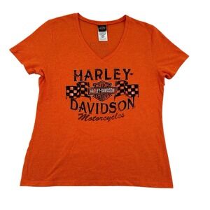 Harley-Davidson Womens Orange V-Neck Graphic T-Shirt Amarillo Texas Large Biker